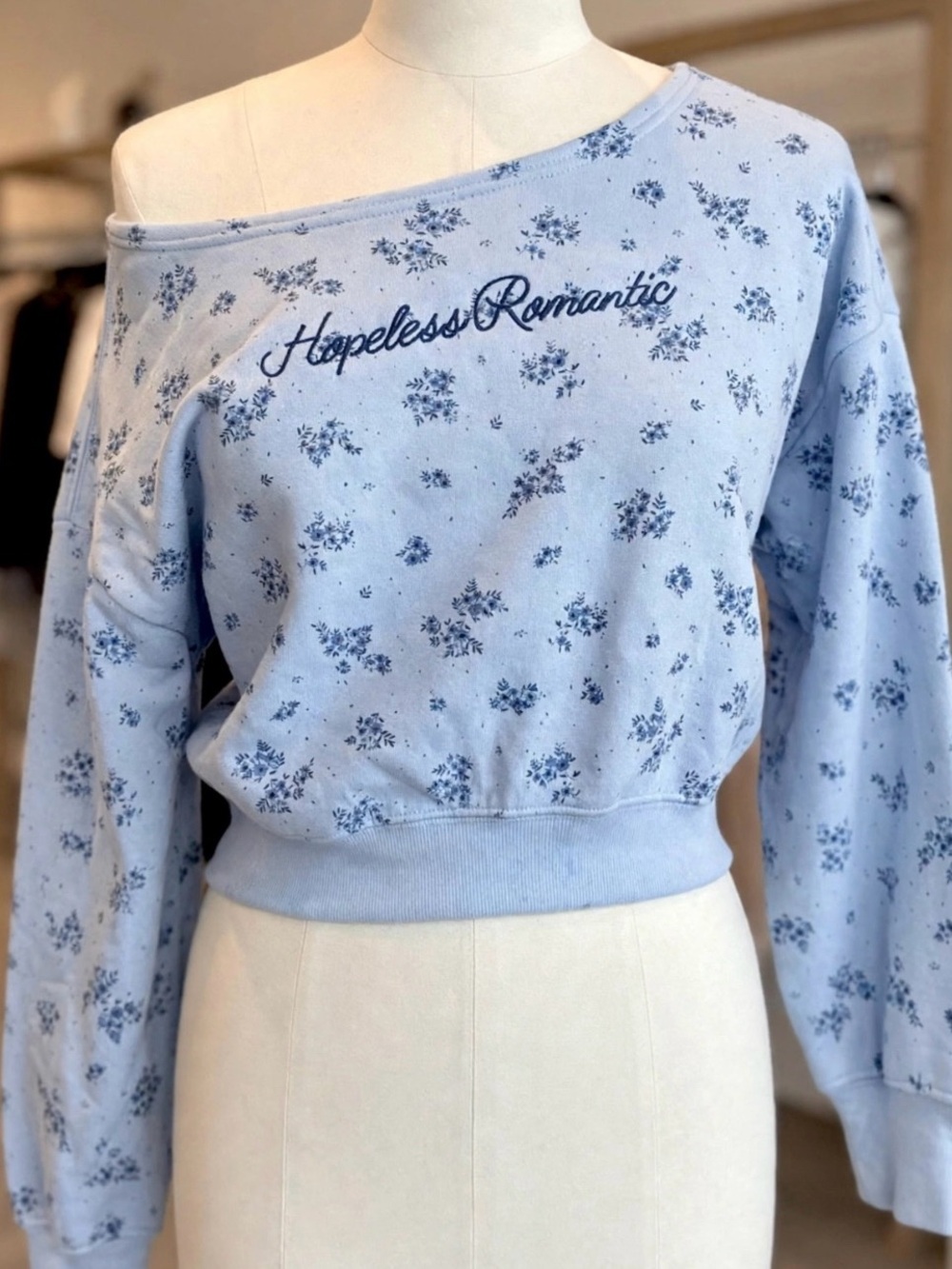 Mighty Fine Light Blue Floral 'Hopeless Romantic' Cropped Sweatshirt